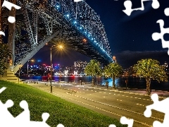 bridge, Night, Palms, River, light, Sydney, Australia, Way
