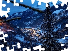 Switzerland, Mountains, Night, Houses, winter, Alps