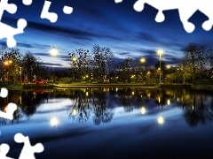 lake, Night, Helsinki, Lamps