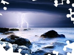 Night, lightning, Stones, sea, Storm