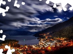 Mountains, Town, night, lake