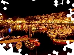 port, Town, night, Yachts