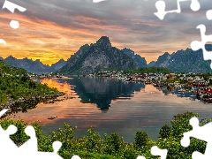 Houses, Lofoten, Reine Village, Great Sunsets, Norwegian Sea, Norway, Moskenesoya Island, clouds, Mountains, Stones
