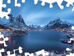 Houses, lake, Norway, winter, colony, Mountains