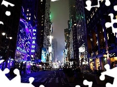 Street, skyscrapers, fragment, City ​​at Night, Nowy York, clouds