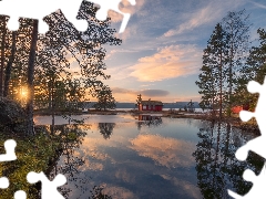 Vaeleren Lake, rays of the Sun, house, trees, Ringerike, Norway, clouds, reflection, viewes