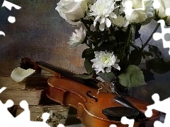 old, Books, flowers, violin, bouquet