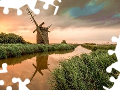 Old car, Windmill, grass, west, River