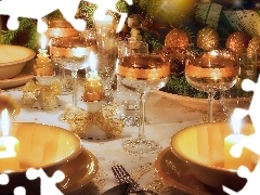 Plates, ornamentation, table, Christmas, cover, glasses, candles, decoration