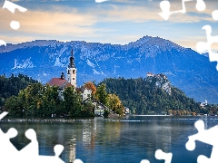 trees, Mountains, Lake Bled, clouds, Church, Blejski Otok Island, Julian Alps, Slovenia, viewes, Bled Castle