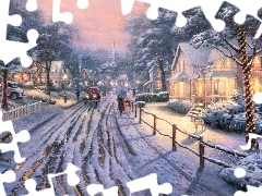 painting, Thomas Kinkade, Street, Town, winter