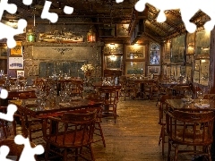 Paintings, glasses, tables, Stool, Restaurant