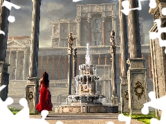 palace, column, dress, fountain, red hot, house, Digital Art, girl
