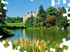 viewes, Flowers, Sandringham, trees, lake, palace, England