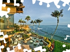sea, terrace, Palms, Hotel hall