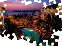 Palms, night, Pool, sea, Hotel hall