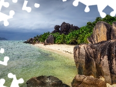 sea, La Digue Island, rocks, boulders, clouds, Seychelles, Palms, VEGETATION, Anse Source dArgent Beach