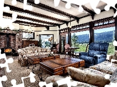 Window, burner chimney, Sofas, panorama, Granate, saloon, Stylish, Mountains, View, Armchair