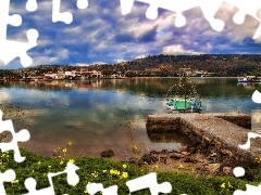 panorama, town, Mountains, Boats, lake