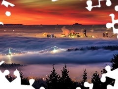 Fog, River, town, Vancouver, panorama, bridge