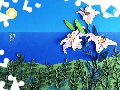 landscape, lilies, Papier Art, sun