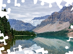 Canada, Bow Lake, viewes, Banff National Park, rocky mountains, trees, clouds