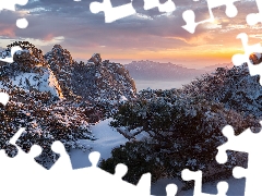 Fog, VEGETATION, Sunrise, rocks, Bukhansan National Park, clouds, viewes, winter, South Korea, trees, Mountain Dobongsan, Mountains