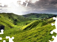 pasture, Mountains, field, grass, clouds