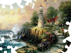 Path, Thomas Kinkade, sea, Lighthouses, Coast