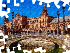 pavilion, Seville, bridge, Plaza de Espana, Spain, lanterns, graphics