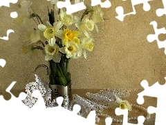 Pearl, lace, Yellow, Daffodils, Vase