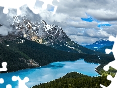 Mountains Canadian Rockies, Peyto Lake, clouds, forest, viewes, Banff National Park, Canada, trees