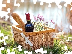 Wine, baguette, picnic, basket