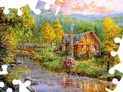 house, bridge, picture, River