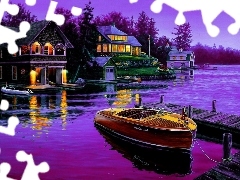 lake, Houses, picture, Motor boat