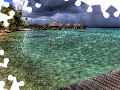 clouds, Houses, pier, sea