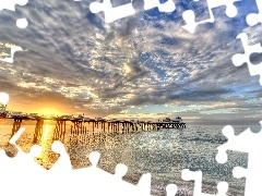 pier, clouds, sun, sea, west