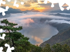 River, Mountains, bridge, Fog, rays of the Sun, Korea, pine, clouds, trees