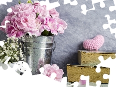 Bucket, Flowers, Books, Heart, watering can, Clove Pink