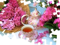 Pink, hydrangea, tea, jug, cup