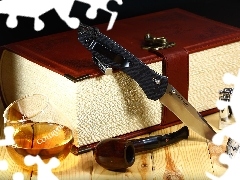 pipe, knife, A glass, book, Whisky