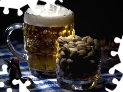pistachios, mug, beer