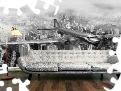 View, house, plane, interior, Town, Sofa