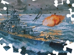 sea, Big Fire, Military truck, Planes, Ship