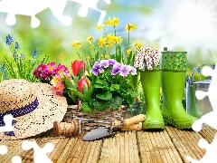 planting, Spring, flowers, tools, basket, watering can, Hat, primroses, wellingtons