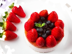 blueberries, plate, strawberries, peduncle, cake