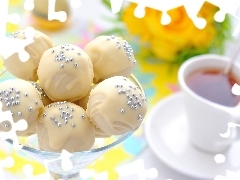 cup, White, tea, chocolate, Drops, plate, teaspoon