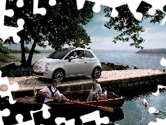 Platform, Fiat 500, lake, Boat, Tourists