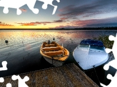 Platform, boats, west, sun, lake