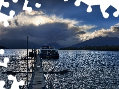 Platform, clouds, Mountains, Yacht, River